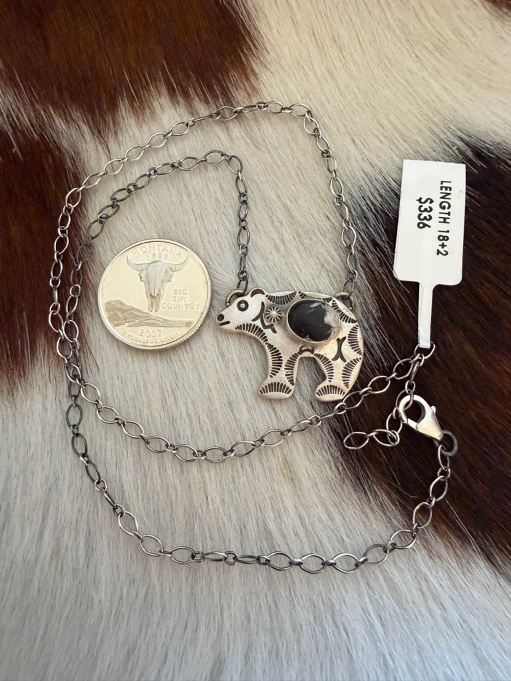 ❤️ White Buffalo Hand Stamped Statement Bear Necklace Matte Sterling 18+2” Adj - Picture 4 of 14